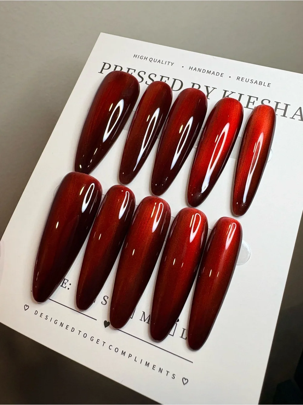 Handmade Stiletto Press-On Nails in Shimmering Ruby Red
